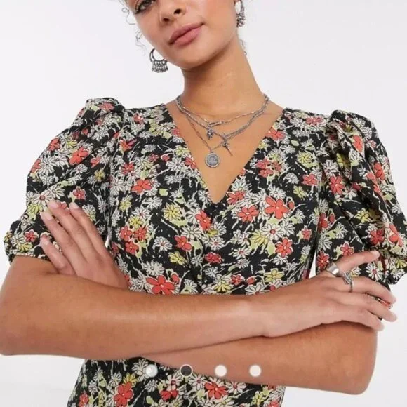 Topshop Grunge Midi Dress V-Neck Front Panel Black Floral Print Size 8 - Picture 3 of 10